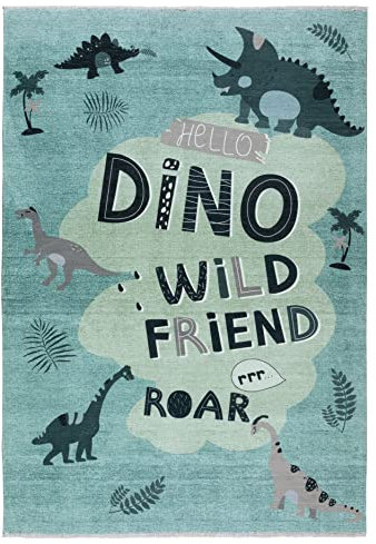 Grüner Kinderteppich mit Dinosauriern - 80 x 145 cm – Waschbar & rutschfest – Weicher Spielteppich für Kinderzimmer - Schlafzimmer Teppich