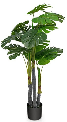 GIANTEX 120 cm, pianta artificiale, Monstera Delisiosa, decorazione per interni in vaso di cemento, palma decorativa, 20 foglie, decorazione per interni artificiali, verde per casa e ufficio
