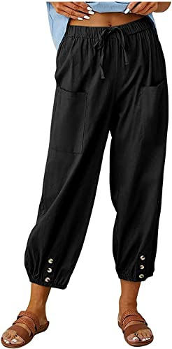 ASKSA Damen 7/8 Länge Hose Weitem Bein Freizeithose Leicht Sommerhose Lose Casual Leinenhose mit Taschen