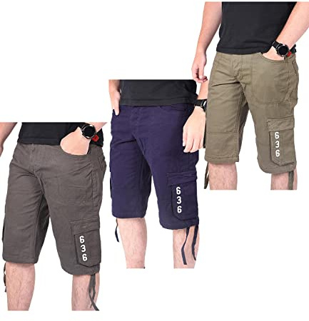 True Face Mens Shorts Cargo Pockets Denim Combat Chino Button Up Flat Front Army Workwear Knee Length Straight Leg Casual Summer Work Half Pants Bottom Set C - 3 Pack 36