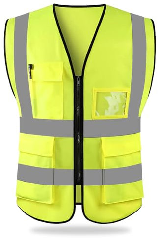 HYCOPROT Gilet De Sécurité Réfléchissant Haute Visibilité Vêtements Travail Directeur Exécutif Gilet Veste Zip Brace Sécurité Téléphone Mobile Titulaire D'identité De Poche 3D (Jaune, XXL)
