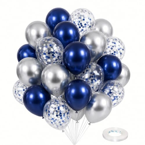 Navy Blue and Silver Balloons, Pearl Navy Metallic Silver Latex Balloons Decor with 12 Inch Blue Confetti Balloon for Boys Men Birthday Baby Shower Wedding Graduation Party Decorations