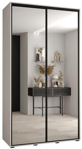 ABIKSMEBLE Davos 2 130 Armoire double coulissante pour chambre - Armoire moderne avec miroir, barre et étagères - 235,2 x 130 x 60 cm, blanc et noir