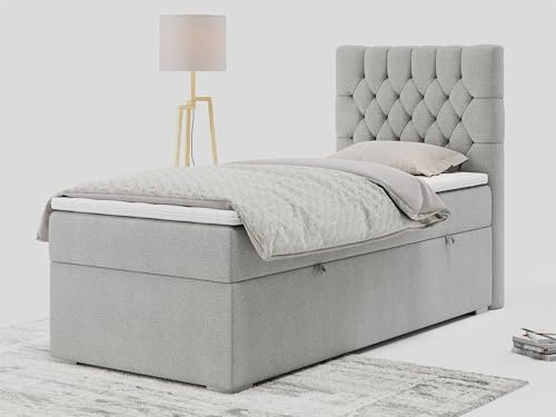 MKS MEBLE Boxspringbett 90x200 Mit Matratze, Bettkasten, Topper und Stauraum - Einzelbett PERA - Hellgrau Struktur - H3 - Rechte Seite