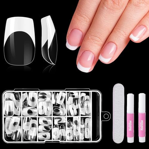 Kiiwah 120pcs French Faux Ongles à Coller Carré, Transparent Court Faux Ongles à Coller French Manucure Naturel pour Femmes DIY Manucure Salon (Blanc)