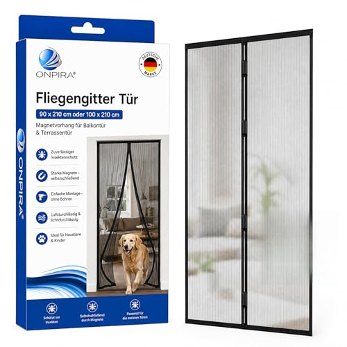 Onpira® Fliegengitter Tür 90x210 cm – Magnetvorhang für Balkontür & Terrassentür – Insektenschutz ohne Bohren – Schwarz, selbstschließend, luftdurchlässig, ideal für Haustiere & Kinder