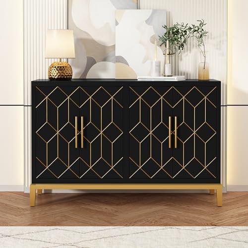 HOLTICO Kommode Sideboard Küchenschrank Schwarz Gold 4-türig mit verstellbarem Regal - Freistehender Schrank für Küche, Wohnzimmer, Schlafzimmer, Esszimmer, Garage - Goldene Linien und Beine