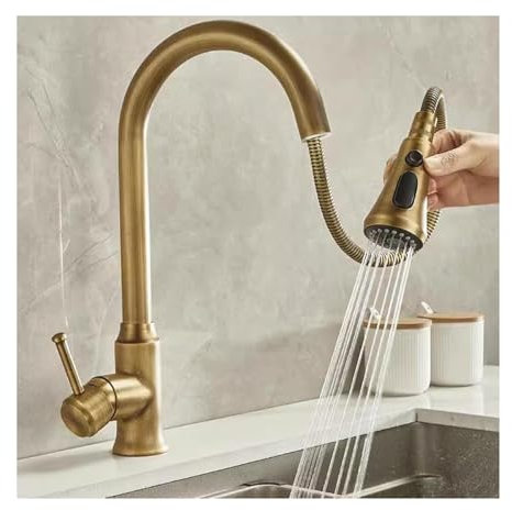 Robinet rétro, robinet de cuisine en laiton antique avec douchette extractible, robinet d'évier de cuisine en laiton pivotant télescopique, mitigeur de cuisine rétro-antique