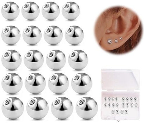 WeddHuis 20stk Chirurgenstahl Piercing Kugeln, Ersatzkugel Schraubkugel für Piercing Nase Lippe Augenbrauen Bauchnabel Zunge (1,2mm, 3/4/5/6/8mm) (Silber),Kommt mit 1 Aufbewahrungsbox