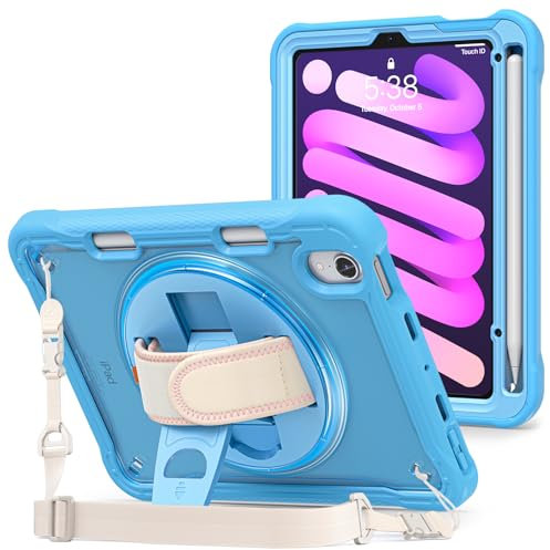 ProCase Rugged Case for iPad Mini 7th(A17 Pro) 2024 / 6th Generation 8.3 2021, Heavy Duty Shockproof Rugged Cover with Hand Strap 360 Degree Rotatable Kickstand Protective for iPad Mini 8.3 -Blue