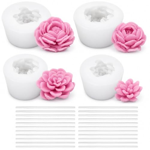 4 stampi in silicone a forma di fiore, per saponette, candela, in silicone, con 20 stoppini da 6 cm, per fai da te, artigianato fatto a mano, feste di compleanno e matrimoni