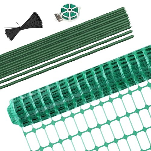 SUNYRISY Hühnerzaun Geflügelnetz, 50m x 100cm Mobiler Hundezaun Weidezaun Steckzaun Begrenzungszaun Zchafzaun für Garten, PE Material mit Pfähle, Grün