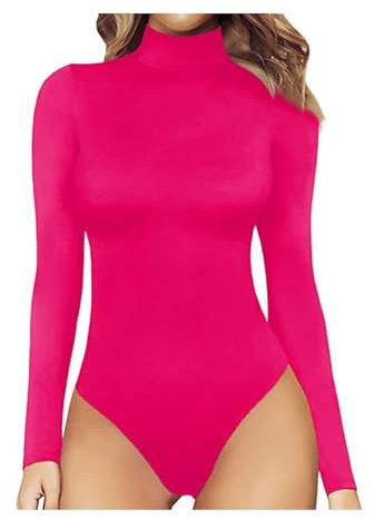 MYMdt Body da Donna a Maniche Lunghe, Sexy ，coprente, in cotone, con colletto a lupetto，Viene fornito con un perizoma，Casual Top Body di Base Tuta Aderente Clubwear Intimo(Rose,XL)