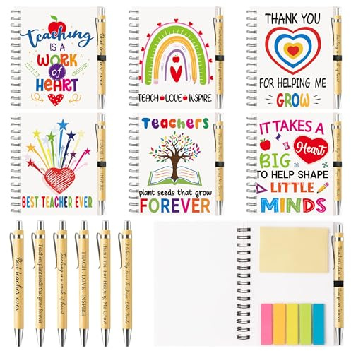 ANGOLIO Lehrer Geschenk Haftnotizenset - 12 Stück Anerkennung Geschenk Bulk Spiral-Notizbuch Include Spiral-Notizbücher Sticky Notepad Bamboo Kugelschreiber (Mehrfarbig Regenbogen)