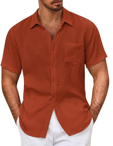 Leinen Herren Hemd Kurzarm Kurzärmeliges Men Stehkragenhemd Fit Business Freizeithemd Männer Hemden Sommer T-Shirts Arbeit Sommerhemd Urlaub Baumwollhemd Normale Kurzarmhemd