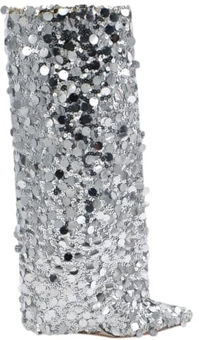 Stivali Donna al Ginocchio Shark a Punta in Tessuto Argento con Paillettes Tono su Tono Zeppa 10cm Zip Nascosta (36 EU)