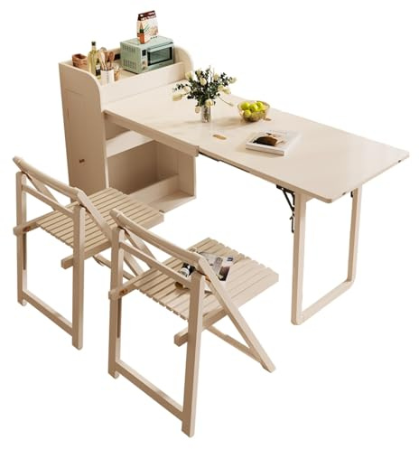 Ausziehbare Kücheninsel mit quadratischem Esstisch, 2 platzsparende Stühle, Aufbewahrungsschrank, ausziehbares Design, ideal für Esszimmer & Bauernhausstil Dekor