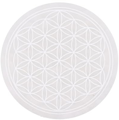 Bivea | Plaque Sélénite Fleur de Vie Ø 80 mm | Qualité A+ | Plaque de rechargement | Support pierres bijoux pendule | Blanc transparent | Gravure décorative