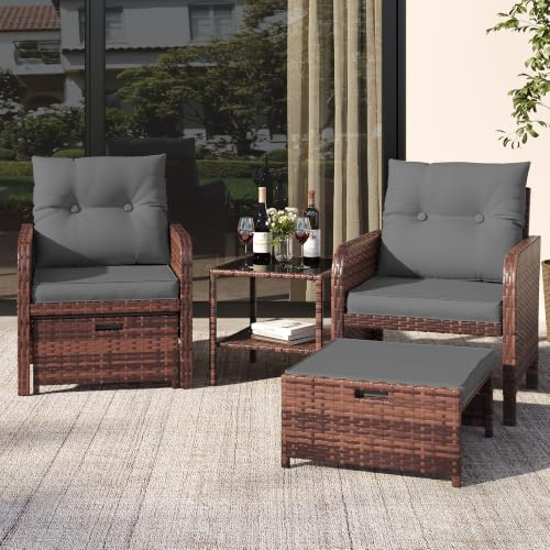 Amopatio 5-teiliges Polyrattan Gartenmöbel Set, Rattan Lounge Set mit 2 Hockern und Glastisch, Wetterfestes Garten Sofa Set mit Sitzkissen für Garten, Terrasse, Balkon, Braun