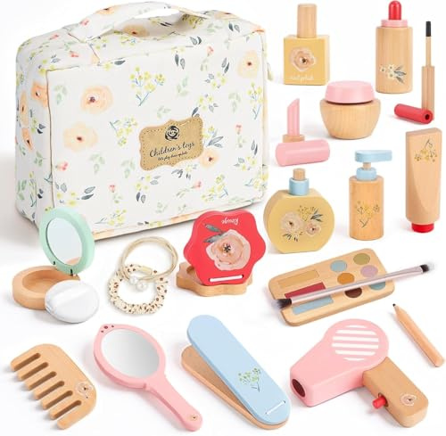 Herefun Set Trucchi Bambina in Legno Finti, 25 Pezzi Trucchi Bambina Giochicon, Set Trucco e Parrucchiere con Borsa Cosmetici e Elastici, Giocattoli Finti Montessori per Gioco di Ruolo, Regalo Bimba