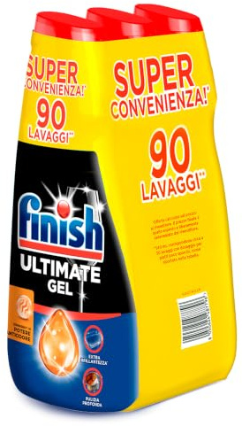 Finish Ultimate Gel, Tripacco Gel Detersivo Lavastoviglie, 90 lavaggi, 540 ml x3, Antiodore, Extra Potere Sgrassante, Extra Brillantezza, Pulizia Profonda