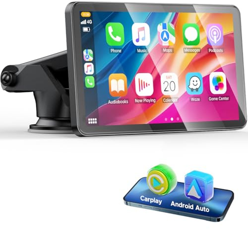 LAMTTO Wireless CarPlay Display & Android Auto Car Play Display Bildschirm 7 Zoll Tragbare Autoradio mit Mirror Link, Bluetooth, Touchscreen, Navigation, Sprachassistent, FM, AUX