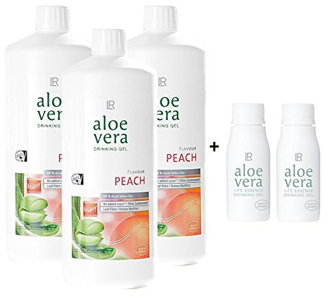 LR Aloe Vera Drinking Gel Pfirisch / Peach 3 x 1000 ml plus 2 x Aloe Vera Rotationsflasche (unbefüllt) für unterwegs, 90 ml