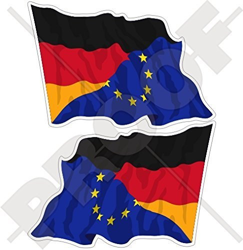 EUROPA-DEUTSCHLAND Wehende Flagge, EU-DE Europäische Union-Deutsch 75mm Auto & Motorrad Aufkleber, x2 Vinyl Stickers (Links - Rechts)