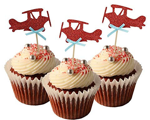 HOKPA Airplane Cupcake Toppers Cake Food Dessert Picks Baby Shower Kids' Boys Birthday Party Decors (24PCS Red)