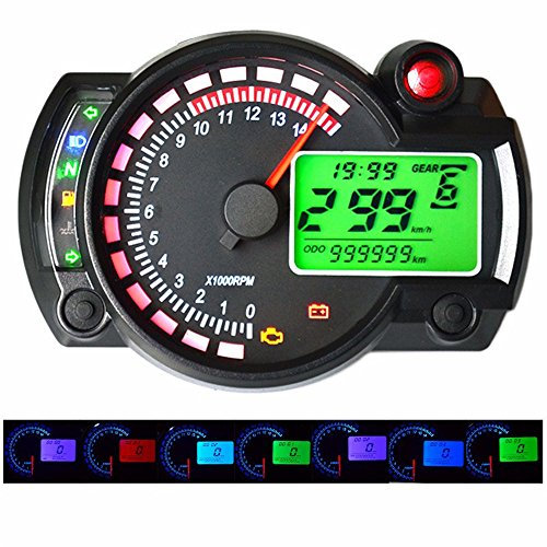 GZLMMY Universal 299 MPH/KPH 7 color Adjustable Motorcycle Tachometer Motorbike Digital Speedometer LCD digital Odometer (Black)
