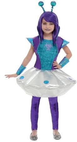 Smiffys Alienkostüm für Mädchen, Blau, mit Kleid, Leggings, Manschetten & Stirnband