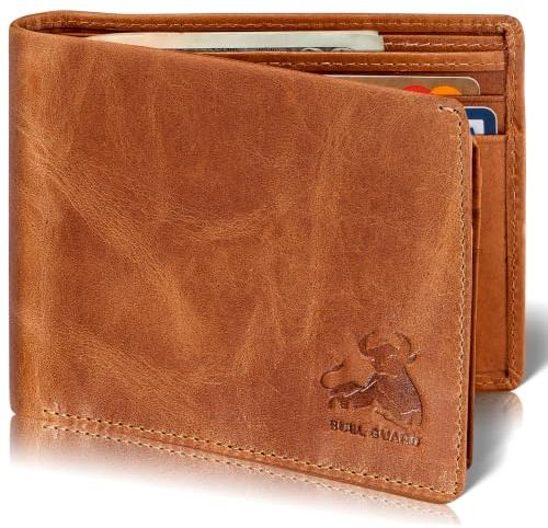 RFID Bifold Leather Wallet for Men with Flip Up ID in Vintage Buffalo Brown, Adventure Brown - Wild Buck Tan, 3.5 x 4.5, Modern