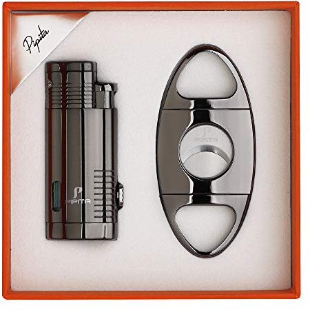 PIPITA Triple Jet Cigar Lighter and Cutter, Windproof Cigar Torch Lighter with Punch, Refillable Butane Gas Lighters with Gift Box for Him Men (Without Gas)