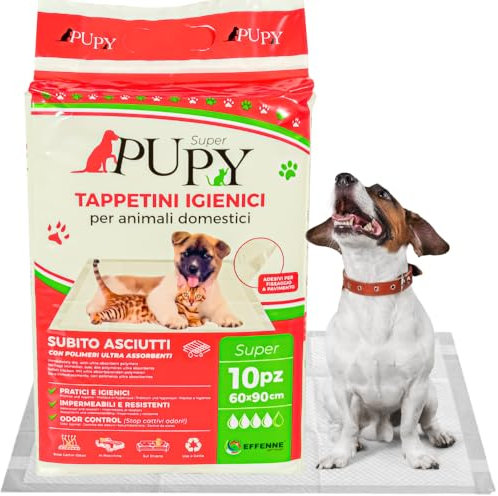 PUPY Super - 100 tappetini igienici per cani 60x90 con Polimeri Ultra-Assorbenti. Traversine Cani 60x90 Monouso e Anti-Odore, Traverse Cani con 4 Lati Super-Adesivi (60x90, 100)