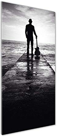 Tulup - Impression sur Verre Acrylique - 50x125 - Image sur Verre - Déco Mural derrière le plastique - Tableaux pour la Mur - Mural Art - Décoration - Musique - Noir et blanc - Guitariste sur la jetée