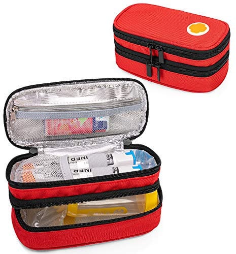 CURMIO Doppelschicht Adrenalin Tasche, Reisetasche für Adrenalin, Tragbare Aufbewahrungstasche für Adrenalin, Insulin oder Adrenalin Zubehör wie 2 EpiPens, Auvi-Q und Asthma Inhalator, Rot