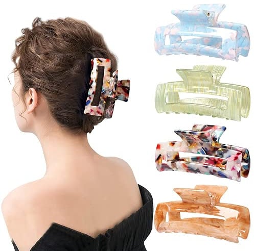 HAYHOI 4PCS Haarklammern, Acryl-Haar-Bananen-Haarspangen, Zelluloid-Französische Schmetterlings-Kiefer-Clips, Schildpatt Griff-Pin Klemme Leopardendruck Stilvolle Haarschmuck Frauen Mädchen, Motley