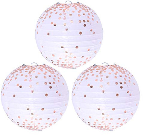 SOLUSTRE Papier Laterne Faltbare Hängen Runde Laterne mit Rose Gold Folie Muster für Hochzeit Braut Dusche Baby Geburtstag Bachelorette Party Und Festival (8 Zoll 3Pcs)