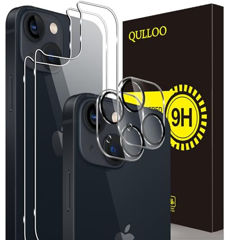 QULLOO Protector de Pantalla Trasera para iPhone 13 [2 Piezas] + Protector de Lente de Cámara [2 Piezas], 9H Dureza Anti-Huellas Cristal Templado Trasera de Vidrio para iPhone 13 6.1