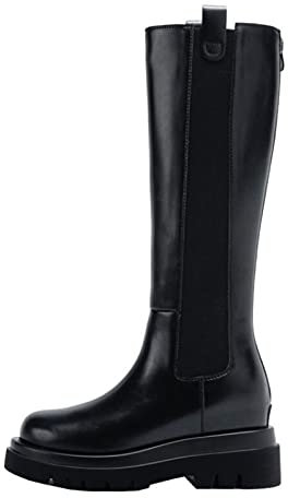 Donna Stivali Lunghi retrò Pelle Lato Banda Elastica Stivali Chelsea Tacco Basso Piatte Punta Rotonda A metà Polpaccio Stivali,Nero,35 EU