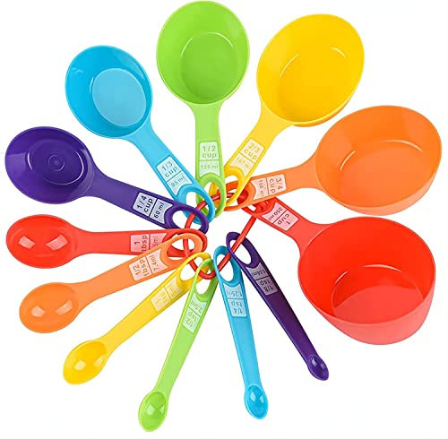 Rainbow Color Plastic Measuring Cups and Spoons Set of 12: 6 Cups and 6 Spoons for Baking and Cooking