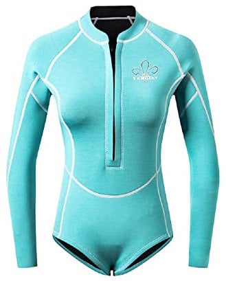 Yumenam Women Wetsuit 2mm Neoprene Diving Suit Zip Front Rash Guard UV Sun Protection Long Sleeve One-Piece Swimsuit Snorkeling Surfing Swimsuits Blue