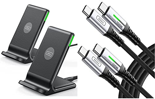INIU Wireless Charger 2-Pack, Qi-Certified 15W Fast Wireless Charging Stand with Sleep-friendly Adaptive Light & Dual Charging Modes & USB C Cable, 20V/5A PD QC 4.0 Fast Charging USB C to USB C cable