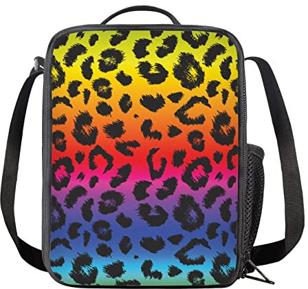 HELLHERO Lonchera con estampado de leopardo arcoíris para niñas y niños, loncheras para el trabajo escolar, lonchera aislada, organizador multifuncional