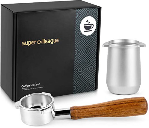 Geschenkbox-Dosing Cup 54mm Dosierbecher Sage mit Aluminium Metal, 54mm Bodenloser Siebträger Kompatibel für Breville 8er-Serie Anderer Modelle, Holz Griff 2-Cup Korb Filter(SB+JFB-S).DE