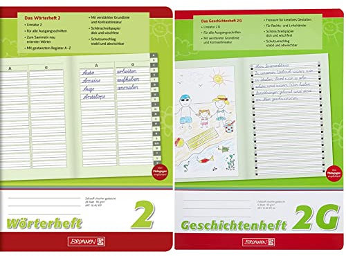 Brunnen 1045997 Wörterheft 2 (A5, 28 Blatt, Lineatur 2, mit Register) & 104499102 Geschichtenheft Klasse 2 (A4, 16 Blatt, Lineatur 2G)