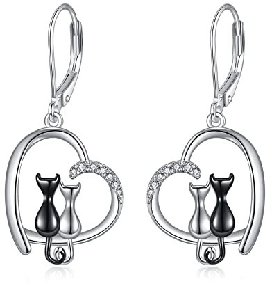 VONALA Keltisch Hängend Ohrringe Sterling Silber, Mond Ohrringe Schmuck Geschenke für Damen und Mädchen (2 Katzen-Herz)