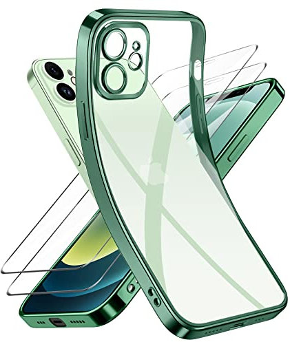 Niphabe Handyhülle für iPhone 12 Hülle mit Kameraschutz, Original Silikon mit 2 Schutzfolie,Niemals Gelb Ultra Dünn Crystal Clear Schutzhülle für iPhone 12 6.1'' Grün
