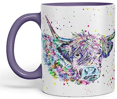 Vixar Tasse colorée en forme de vache des Highland - Motif animaux de la ferme écossaise - Cadeau d'anniversaire, de travail, de bureau, de thé et de café (violet)