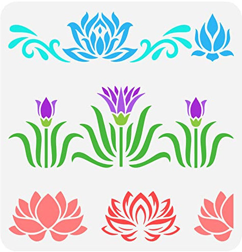 FINGERINSPIRE Lotus Schablone 30x30 cm Blume Blüte Bordüre Zeichenschablone Kunststoff 3 Stile Lotus Blumen Muster Wiederverwendbar DIY Pflanzen Blumenschablone Zum Bemalen von Holz Wand Heimdekor